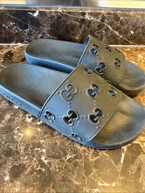 Gucci Black Embossed GG Slide Sandals